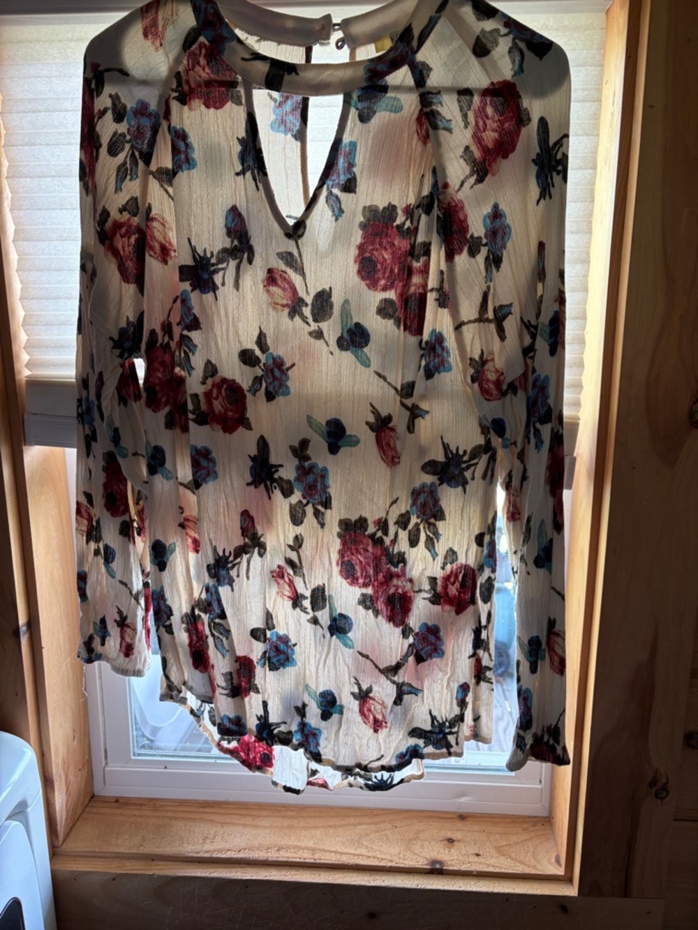 Kori Cream Sheer Floral Keyhole Blouse with Red and Blue Flowers
